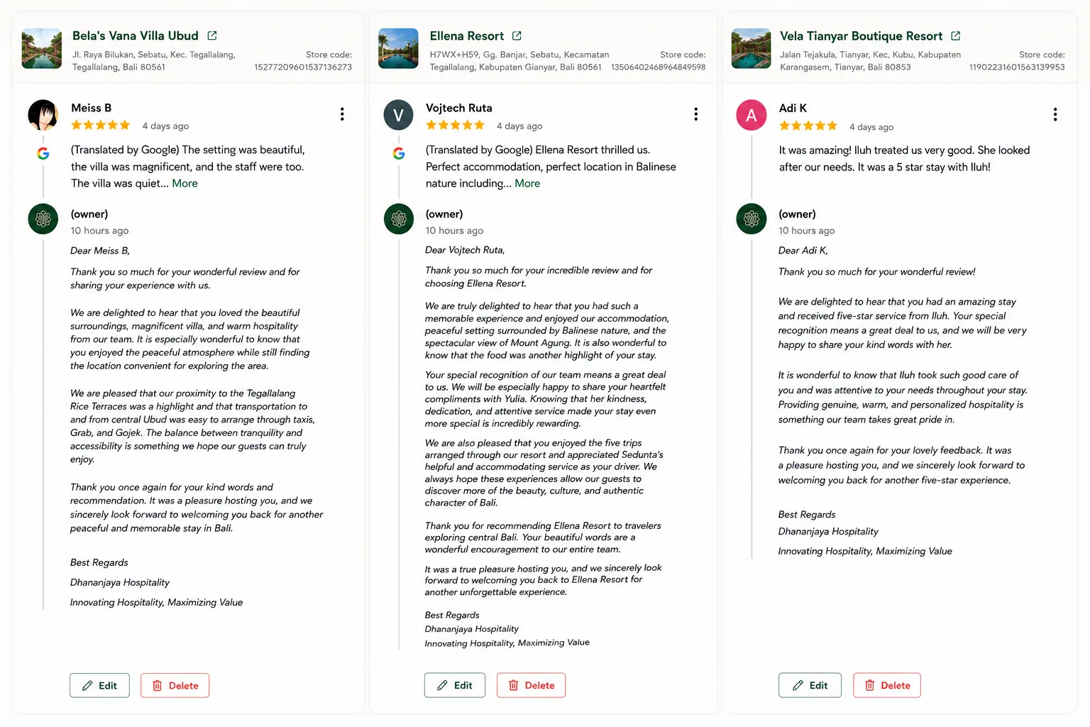 Dhananjaya Hospitality AI assistant conversation in Telegram